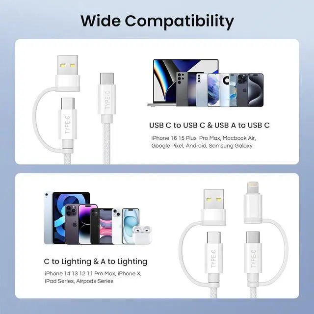 Alt view image 7 of 7 - 4-in-1 USB C Charger Cable 6.6FT for iPhone 16 15 Pro AirPods 4/4th Generation/3 60W Charging Multi Charging Cord with USB-A Adapter/iOS/TypeC for  2 Max 2024 iWatch 10 S24 S23