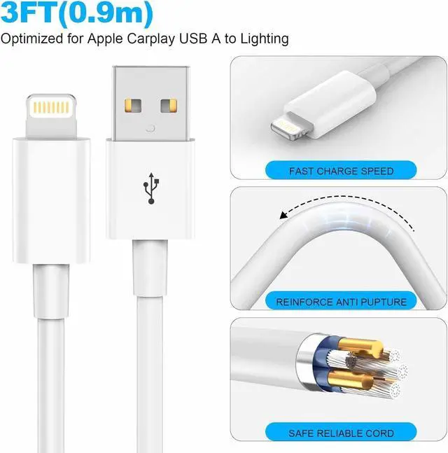 Alt view image 5 of 7 - Car  Carplay CableUSB A to Lightning Cable 3FT Compatible with iPhone 14 13 12 11 Pro Max XR XS X Charger CordCar Charging Cord