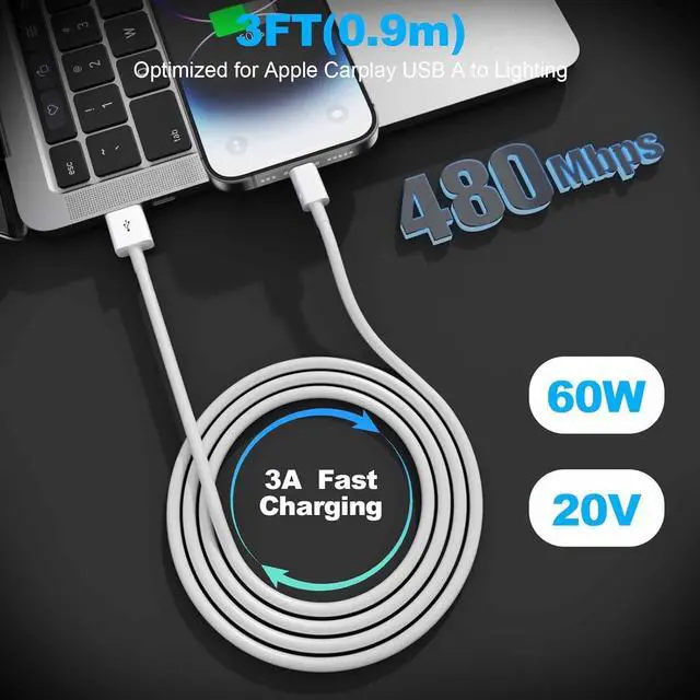 Alt view image 6 of 7 - Car  Carplay CableUSB A to Lightning Cable 3FT Compatible with iPhone 14 13 12 11 Pro Max XR XS X Charger CordCar Charging Cord