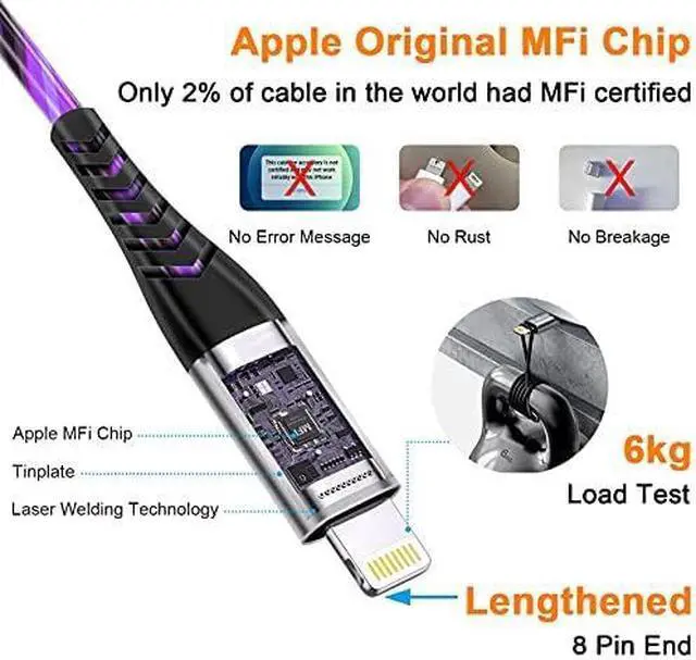Alt view image 2 of 6 - LED iPhone Charger Cord Light Up Lightning Cable | MFi Certified Apple Charger | Cool USB Fast Charging for iPhone 14 13 12 11 Pro Max XR X SE 8 Plus iPad iPod and More (Purple 6ft)