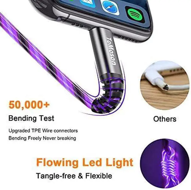 Alt view image 3 of 6 - LED iPhone Charger Cord Light Up Lightning Cable | MFi Certified Apple Charger | Cool USB Fast Charging for iPhone 14 13 12 11 Pro Max XR X SE 8 Plus iPad iPod and More (Purple 6ft)