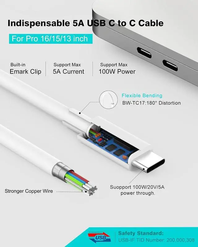 Alt view image 4 of 7 - 10ft Charger for MacBook Pro/Air 16 15 14 13 inch 2025 2024 2023 2022 2021 2020 M1 M2 M3 M4 96W USB C Power Adapter LED 100W USB-C Cable Charging as Fast as Original Quality
