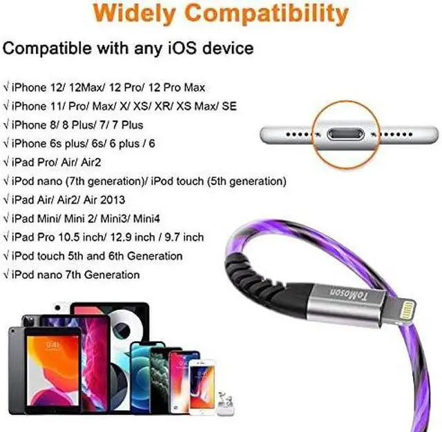 Alt view image 6 of 6 - LED iPhone Charger Cord Light Up Lightning Cable | MFi Certified Apple Charger | Cool USB Fast Charging for iPhone 14 13 12 11 Pro Max XR X SE 8 Plus iPad iPod and More (Purple 6ft)