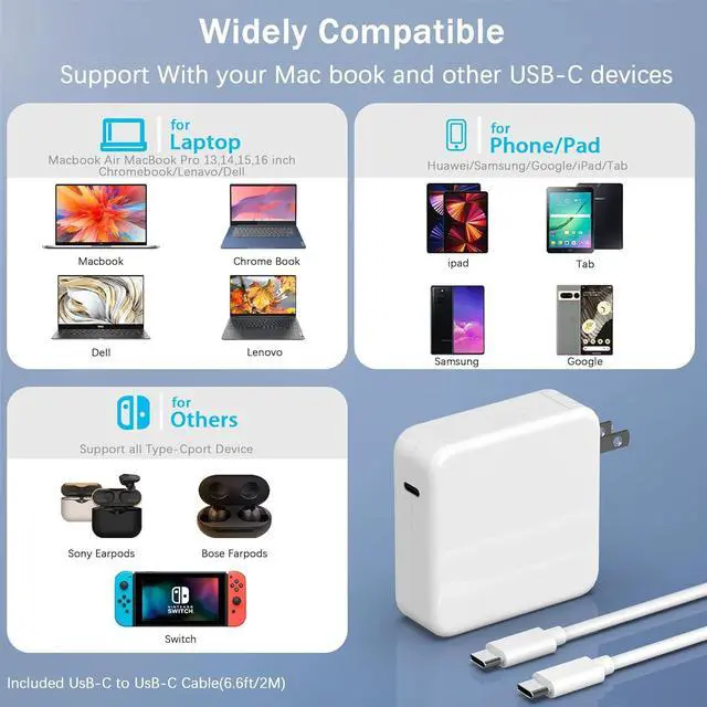 Alt view image 4 of 6 - Mac Book Pro Charger-100W USB C Charger Fast Charger Compatible with Mac Book Pro/Mac Book Air 16 15 14 13 Inch New iPad Pro and All USB-C Devices 100W USB C Laptop Charger(6.6 FT Cable Included)