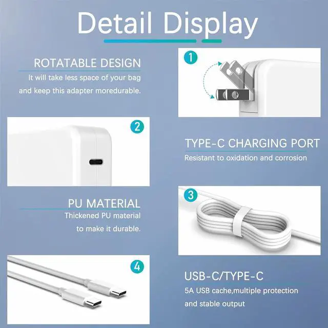 Alt view image 6 of 6 - Mac Book Pro Charger-100W USB C Charger Fast Charger Compatible with Mac Book Pro/Mac Book Air 16 15 14 13 Inch New iPad Pro and All USB-C Devices 100W USB C Laptop Charger(6.6 FT Cable Included)