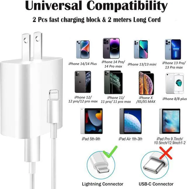 Alt view image 3 of 7 - iPhone Charger Fast Charging iPhone Fast Charger 2Pack Type C Fast Charger Block Plug Adapter 6FT USB-C to Lightning Cable Cord for iPhone 14/13/13 Pro/12 Pro/12 Pro Max/11/Xs Max/XR/X/SE iPad AirPods