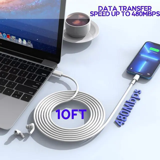 Alt view image 5 of 7 - 10Foot Fast iPhone Charging Cable 3-Pack Super Fast iPhone Charger USB C Charging Block Wall Charger PD Adapter with 10FT Type C to Lightning Cable Cord for iPhone 14/13/12/11Pro Max/XS Max/XS/XR/8/SE