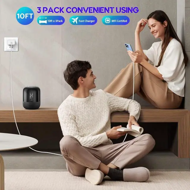 Alt view image 6 of 7 - 10Foot Fast iPhone Charging Cable 3-Pack Super Fast iPhone Charger USB C Charging Block Wall Charger PD Adapter with 10FT Type C to Lightning Cable Cord for iPhone 14/13/12/11Pro Max/XS Max/XS/XR/8/SE