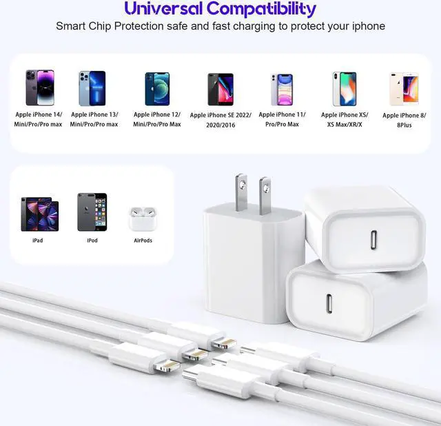 Alt view image 7 of 7 - 10Foot Fast iPhone Charging Cable 3-Pack Super Fast iPhone Charger USB C Charging Block Wall Charger PD Adapter with 10FT Type C to Lightning Cable Cord for iPhone 14/13/12/11Pro Max/XS Max/XS/XR/8/SE
