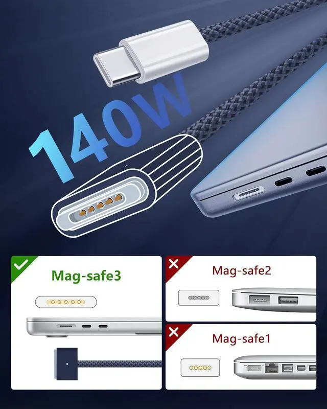 Alt view image 3 of 7 - 140W USB C to Magnetic 3 Cable (2m/6.6ft) USB C Cable Compatible with MacBook Air (15/13-inch M3 2024 15-inch M2 2023 13-inch M2 2022) MacBook Pro (16/14-inch 2023/2021) Midnight