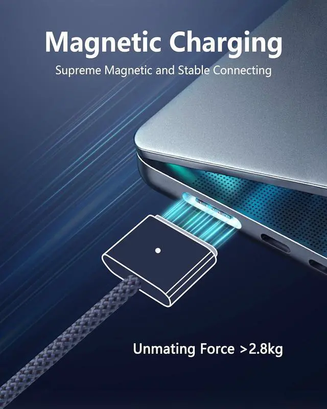 Alt view image 2 of 7 - 140W USB C to Magnetic 3 Cable (2m/6.6ft) USB C Cable Compatible with MacBook Air (15/13-inch M3 2024 15-inch M2 2023 13-inch M2 2022) MacBook Pro (16/14-inch 2023/2021) Midnight