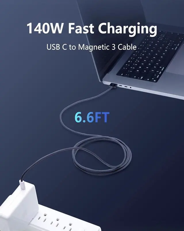 Alt view image 5 of 7 - 140W USB C to Magnetic 3 Cable (2m/6.6ft) USB C Cable Compatible with MacBook Air (15/13-inch M3 2024 15-inch M2 2023 13-inch M2 2022) MacBook Pro (16/14-inch 2023/2021) Midnight