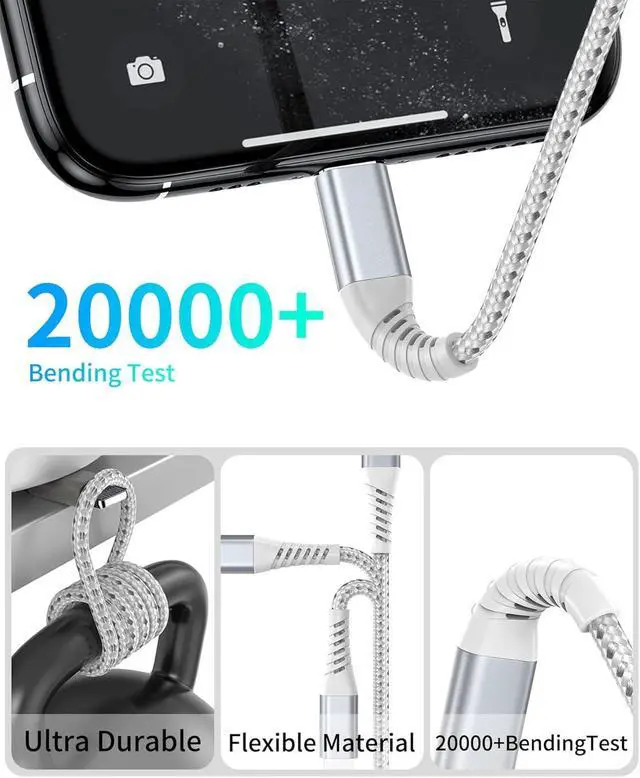 Alt view image 3 of 7 - 2FT Short iPhone Charger Cord 3 Pack 2 Foot USB A to Lightning Cable Braided MFi Certified 2 FT iPhone Cable Fast Charging for iPhone 14 13 12 11 Pro Max iPad AirPods Short Lightning Cord for Car