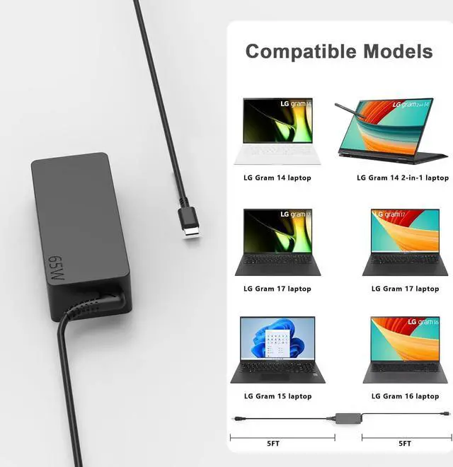 Alt view image 7 of 7 - 65W USB C Charger for LG Gram 17 16 15 14 Series 17Z90Q 16T90Q 17Z90P 16Z90P 17Z90ST 16T90P 17Z95P 17Z90R 17Z90S 2-in-1 Lightweight Power AC Adapter