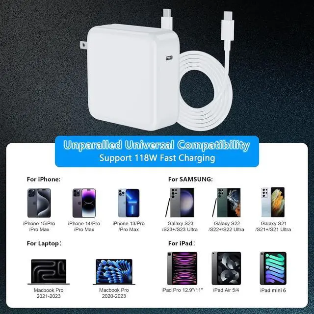 Alt view image 5 of 7 - Mac Book Pro Charger - 118W USB C Laptop Charger for MacBook Pro/MacBook Air 2022|2021|2020|2019|2018 Type-C PD Power Adapter for iPhone 15 Pro Max iPad Pro Air (with 6.6ft C-C Fast Charge Cable)