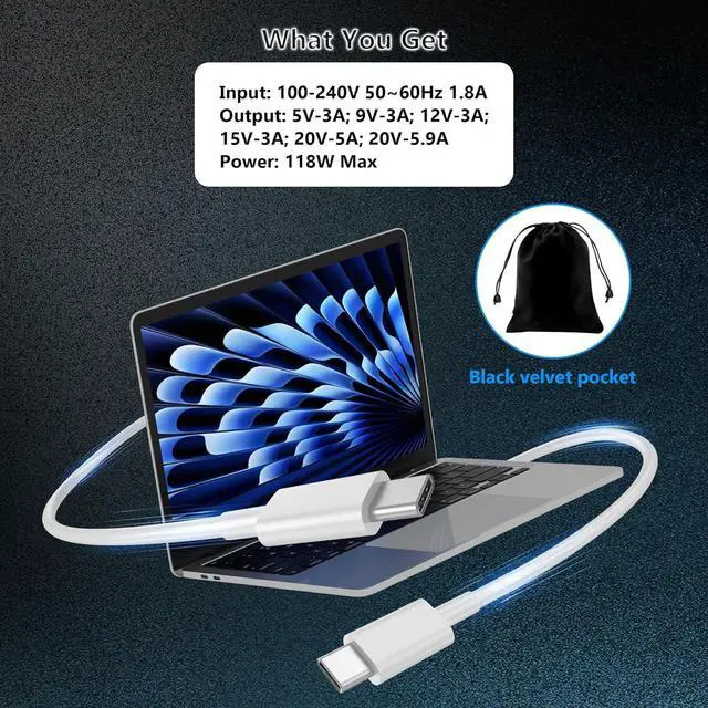 Alt view image 7 of 7 - Mac Book Pro Charger - 118W USB C Laptop Charger for MacBook Pro/MacBook Air 2022|2021|2020|2019|2018 Type-C PD Power Adapter for iPhone 15 Pro Max iPad Pro Air (with 6.6ft C-C Fast Charge Cable)