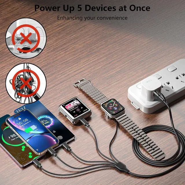Alt view image 4 of 7 - 5-in-2 Multi Charging Cable for Apple Watch Charger: USB A/C Input Lightning/Type C/Micro/Mini B/Wireless Output Compatible with iPhone 15-13 iWatch 1-9 Galaxy S23-22 4FT (Black)