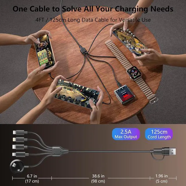 Alt view image 7 of 7 - 5-in-2 Multi Charging Cable for Apple Watch Charger: USB A/C Input Lightning/Type C/Micro/Mini B/Wireless Output Compatible with iPhone 15-13 iWatch 1-9 Galaxy S23-22 4FT (Black)