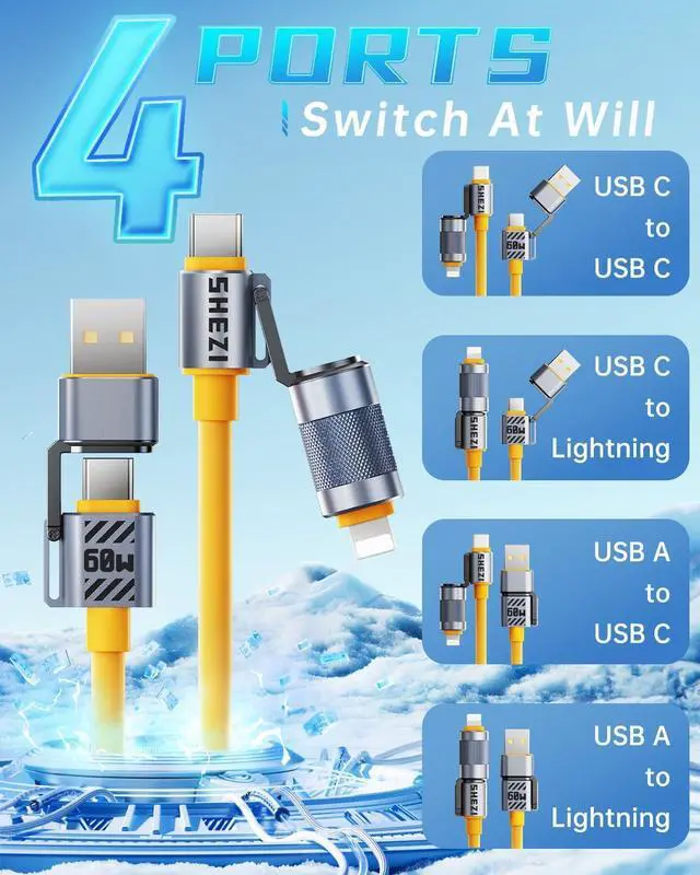 Alt view image 2 of 7 - 4 in 1 USB C Cable 60W Compatible With Lightning Cable Fast Charging & Data Transfer, Multi Charger Cord Combo for iPhone iPad Charger Wire with L/Type C/USB A for iPhone 16/15/Macbook, Yellow