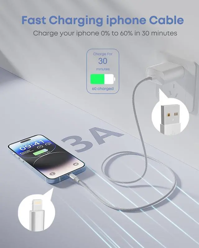 Alt view image 2 of 7 - iPhone Charger 3pack 10FT  MFi Certified Long Lightning Cable Fast Charging Nylon Braided USB Charging Cable High Speed Transfer Cord for iPhone 14 13/12/11 Pro Max/XS MAX/XR/XS/X/8/7/Plus/6S