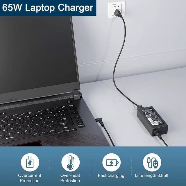 Alt view image 6 of 7 - 65W 45W AC Charger Fit for HP Probook 440 445 450 455 470 640 650 G10 G9 G8 G7 G6 G5 G4 G3 G2 Elitebook 845 840 for HP Pavilion x360 11 13 14 15 17 Envy X360 Blue Tip Laptop Adapter Power Cord (65W)