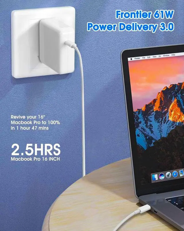 Alt view image 2 of 6 - 61W Mac Book Pro USB C Charger Power Adapter for MacBook Pro Air 12/13/14 Inch, Included 6.5Ft Type C Charge Cable