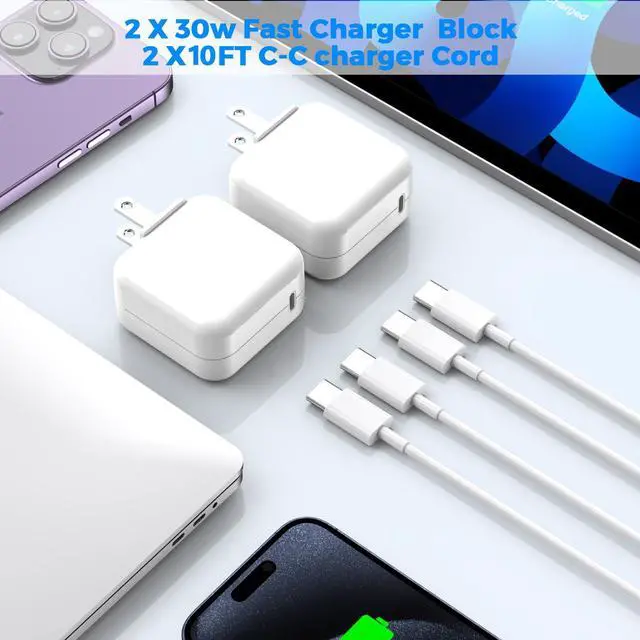 Alt view image 4 of 7 - USB C Charger for MacBook Air MacBook Pro 13 14 15 16 inch,M1 M2 M3 Apple Laptop Charge,2Pack 30W USBC Power Adapter,Compatible with iPad,iPhone 15 Pro Max,10FT Extra Long Cable mac Book pro,iPad Pro