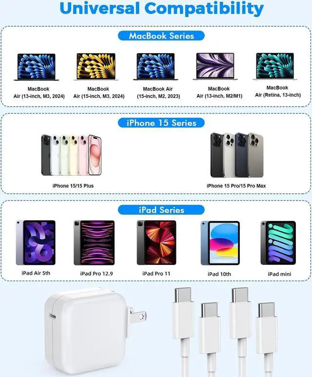 Alt view image 7 of 7 - USB C Charger for MacBook Air MacBook Pro 13 14 15 16 inch,M1 M2 M3 Apple Laptop Charge,2Pack 30W USBC Power Adapter,Compatible with iPad,iPhone 15 Pro Max,10FT Extra Long Cable mac Book pro,iPad Pro