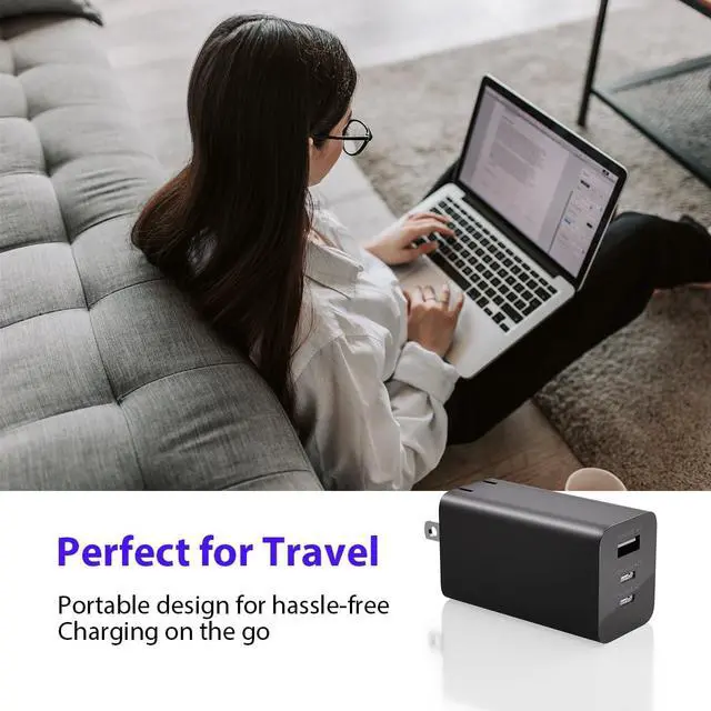Alt view image 4 of 7 - USB C Charger Block 65W Fast Charging 3-Port USB C Charger with 5FT Cable Foldable Plug Design for Travel USB Charger Block Compatible with MacBook Tablet 16/15/14/Pro Galaxy S24 and More