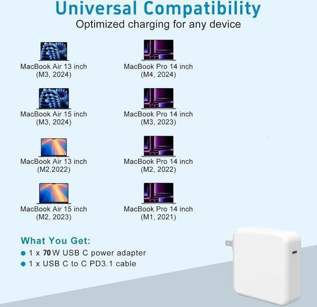 Alt view image 6 of 6 - 70W Charger for Mac Book Air Mac Book Pro 13 14 15 16 inch 2025 2024 2023 2022 2021 2020 M1 M2 M3 M4 Laptop USB C Power Adapter 6.6FT USB-C Cable Charging as Fast as Mag 3 Original Quality