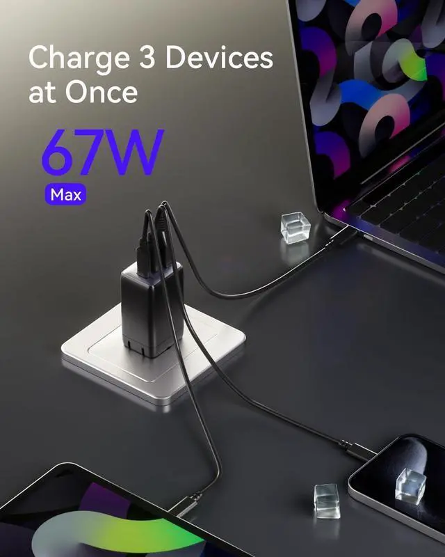 Alt view image 2 of 7 - USB C Charger 67W Max Charger 3-Port GaN Fast Compact Foldable Charger for MacBook Pro/Air  XPS iPad Pro iPhone 15 Pro Max/14/13 Galaxy S24/S23 Note 20/10+ Steam Deck