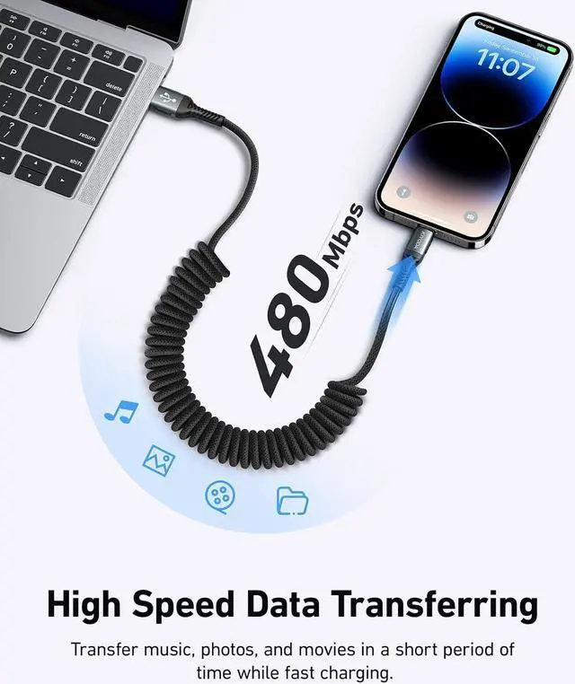 Alt view image 7 of 7 - Coiled Lightning Cable Nylon Braided iPhone Charger Cord 3FT for Car [Apple MFi Certified] iPhone Fast Charging Cables Compatible with iPhone 14 13 12 11 Pro Max XR XS X 8 7 6 Plus SE iPad - 2Pack