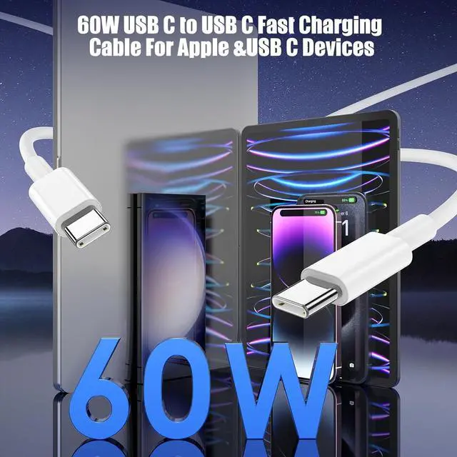 Alt view image 3 of 7 - 3-Pack [3.3FT+6.6FT+10FT] 60W USB C to USB C Cable Type C to Type C Cable Fast Charging Cable for iPhone 16 15 Pro Plus Pro Maxfor Galaxy S24 S23 for iPad Pro/Air for MacBook Pro/Air and More