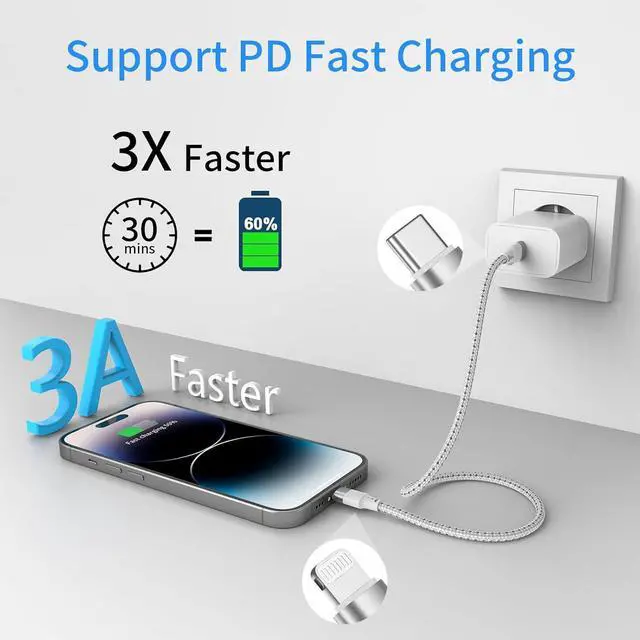 Alt view image 3 of 7 - Short USB C to Lightning Cable 1ft 3Pack 12 inch USB C to iPhone Charger Cord Braided Short Type C to Lightning Cable Fast Charging for iPhone 14 13 12 11 Pro Max Mini XR XS SE iPad (Sliver)