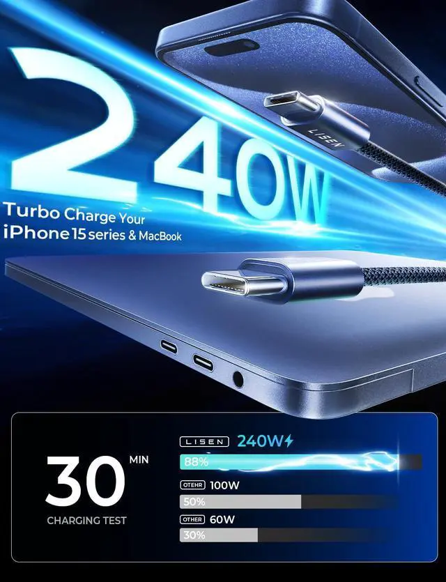 Alt view image 2 of 6 - 240W USB C to USB C Cable Type C Fast Charging Cord iPad Charging Cable for iPad Pro/Air/Mini iPhone 16/16 Pro/16 Plus/16 Pro Max Google Pixel  Galaxy S24 Ultra 6.6FT/Black