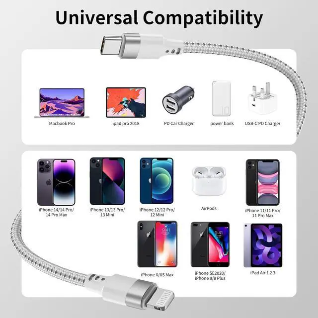 Alt view image 7 of 7 - Short USB C to Lightning Cable 1ft 3Pack 12 inch USB C to iPhone Charger Cord Braided Short Type C to Lightning Cable Fast Charging for iPhone 14 13 12 11 Pro Max Mini XR XS SE iPad (Sliver)