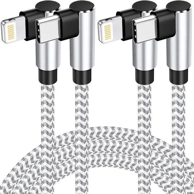 Main image of USB C to Lightning Cable 2Pack Apple MFi Certified iPhone Fast Charging Cords Type C Lightning Cable 90 Degree iPhone Cable Nylon for iPhone 14 13 12 11 Pro Max X XS XR 8 7 6s Plus SE (3FT Sliver)
