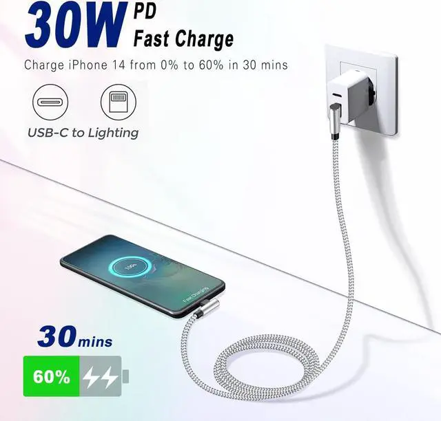 Alt view image 4 of 7 - USB C to Lightning Cable 2Pack Apple MFi Certified iPhone Fast Charging Cords Type C Lightning Cable 90 Degree iPhone Cable Nylon for iPhone 14 13 12 11 Pro Max X XS XR 8 7 6s Plus SE (3FT Sliver)