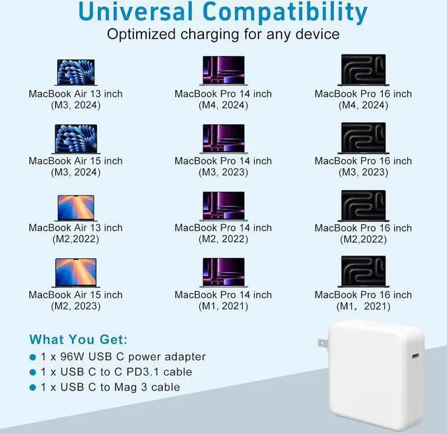 Alt view image 6 of 6 - Charger for Mac Book Pro 16 14 Inch/Mac Book Air 15 13 Inch M3/M2/M1 from 2024 2023 2022 2021 96W 70W USB-C to Mag 3 Power Adapter Include 6.6ft 5A USB-C to Mag 3 Cable