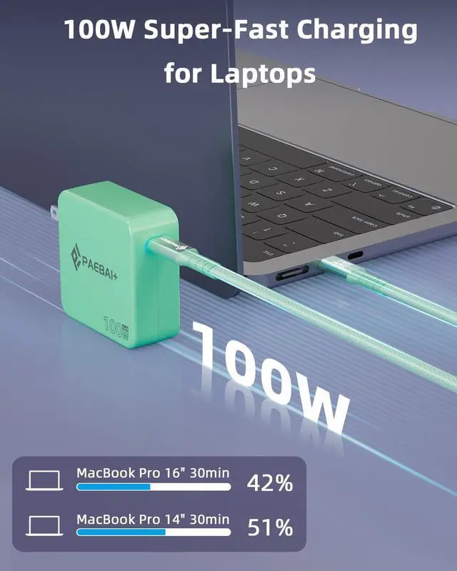 Alt view image 2 of 7 - Mac Book Pro Charger 100W USB C Charger GaN Foldable Compact Wall Fast Charger for MacBook Air iPhone 16 15 Series  Galaxy iPad Pro and All USB-C Devices 6.6ft Type C Cable