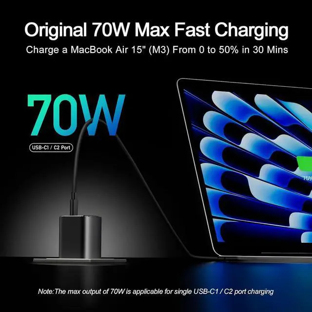 Alt view image 2 of 7 - 70W USB C Charger Block for MacBook Air MacBook Pro, 3-Port Wall Charger Compact Foldable for iPad Pro Air Mini, iPhone 16 15 14 13 12, 45W PPS Fast Charging for Galaxy S24 S23 S22 S21 Note 20, Pixel
