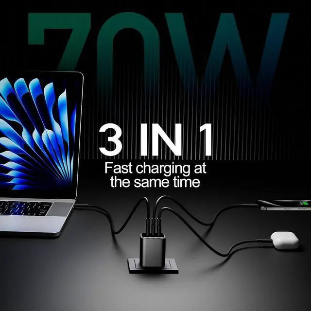 Alt view image 3 of 7 - 70W USB C Charger Block for MacBook Air MacBook Pro, 3-Port Wall Charger Compact Foldable for iPad Pro Air Mini, iPhone 16 15 14 13 12, 45W PPS Fast Charging for Galaxy S24 S23 S22 S21 Note 20, Pixel