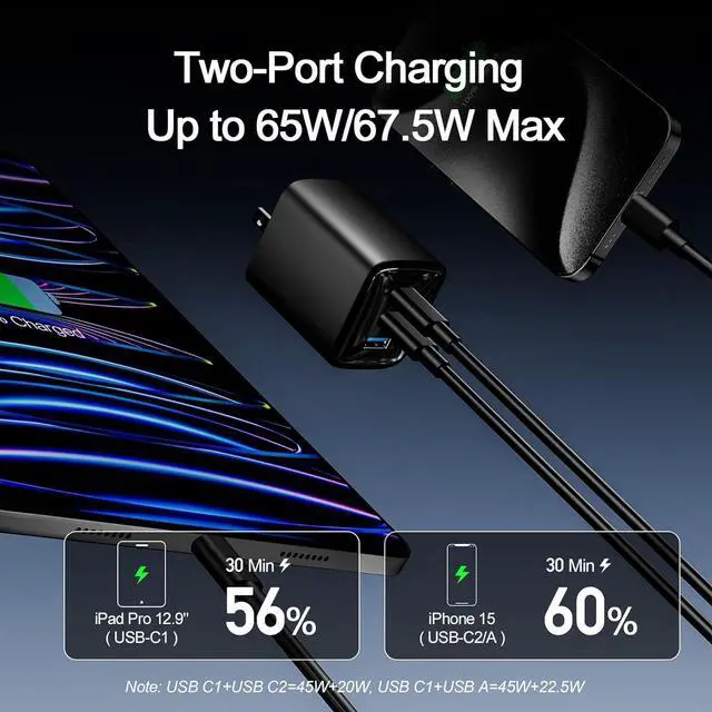 Alt view image 4 of 7 - 70W USB C Charger Block for MacBook Air MacBook Pro, 3-Port Wall Charger Compact Foldable for iPad Pro Air Mini, iPhone 16 15 14 13 12, 45W PPS Fast Charging for Galaxy S24 S23 S22 S21 Note 20, Pixel