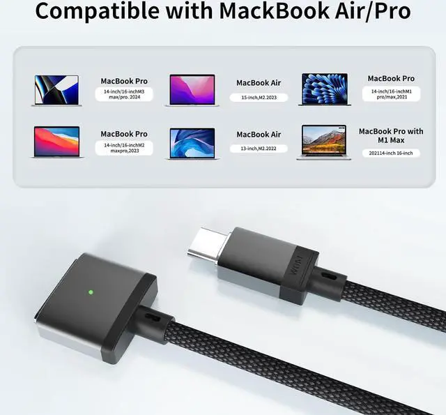 Alt view image 6 of 7 - 140W USB-C to Magnetic 3 Cable 6.6FT/2M Magnetic Charging Cable for MacBook Air 2024 M3 13/15inch MacBook Pro 2023 M2 Pro & Max 14 16 MacBook Air 2022/2023 M2 MacBook Pro 2021 Max&M1 14 16