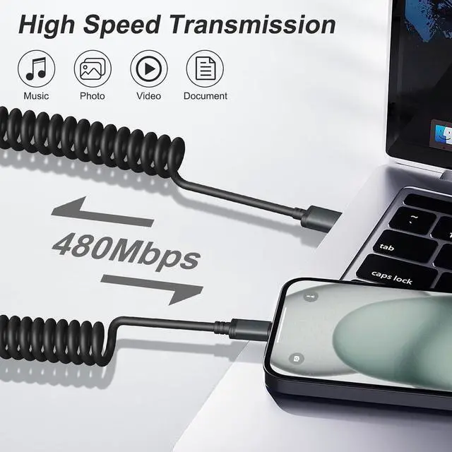 Alt view image 4 of 7 - Coiled USB to Lightning Cable [Apple MFi Certified] Coiled Lightning Cable for iPhone 14/13/12/11 Fast Charging Carplay Charger Cable for iPhone 14 Pro Max/Pro/Plus/iPad