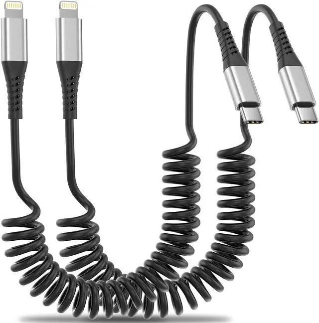 Main image of Coiled USB C to Lightning Cable for Car 2 Pack 3FT  Carplay Cable Short Retractable iPhone Charger Fast Charging Cord for iPhone 14 13 12 11 Pro Max Xs X Xr 8/Airpods