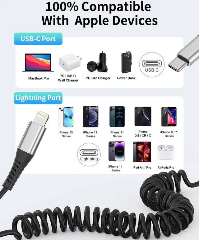 Alt view image 7 of 7 - Coiled USB C to Lightning Cable for Car 2 Pack 3FT  Carplay Cable Short Retractable iPhone Charger Fast Charging Cord for iPhone 14 13 12 11 Pro Max Xs X Xr 8/Airpods