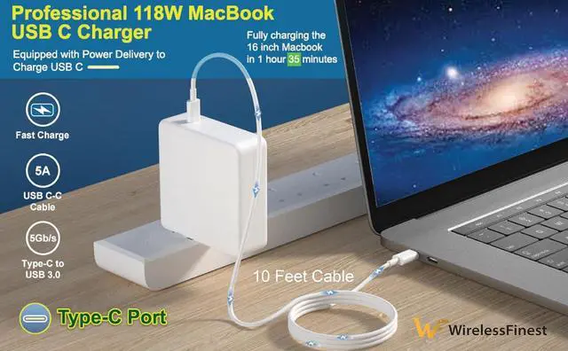 Alt view image 2 of 7 - Fast Powerful 118W USB C MacBook Pro Charger for MacBook Pro Air 13 14 15 16 Inch Mac Book Laptop Retina M2 M1 2023 2022 Computer iPad Pro  Galaxy + All USB C Device Include 2X Charging Cable