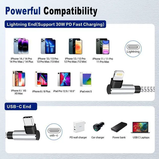 Alt view image 7 of 7 - USB C to Lightning Cable 2Pack Apple MFi Certified iPhone Fast Charging Cords Type C Lightning Cable 90 Degree iPhone Cable Nylon for iPhone 14 13 12 11 Pro Max X XS XR 8 7 6s Plus SE (3FT Sliver)