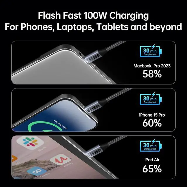 Alt view image 3 of 7 - USB C to USB C Monitor Cable(4K@120Hz) 100W PD Fast Charge 10Gbps Data Transfer 3ft Tangle-Free Silicone USB-C Cable [Aluminum Shell Woven Design]